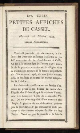 No CXLIX Mercredi 26. Octobre 1785)