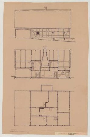 Zäckerick (Kreis Königsberg/Neumark): Löwing-Haus. Grundriss, Seitenansicht, Längsschnitt
