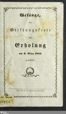 Gesänge, zum Stiftungsfeste der Erholung am 6. März 1855 gewidmet
