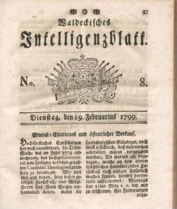 No. 8, Dienstag, den 19. Februarius 1799