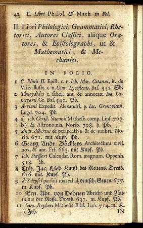 II. Libri Philologici, Grammatici, Rhetorici, Autores Classici, aliique Oratores, & Epistolographi, ut & Mathematici, & Mechanici.
