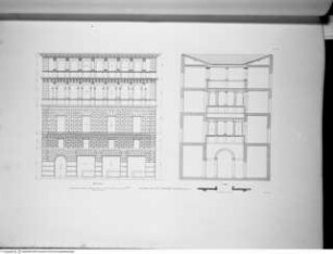 Édifices de Rome moderne ou Recueil des palais, maisons, églises, couvents et autres monuments publics et particuliers les plus remarquables de la ville de Rome / dessinés et mesurés et publiés par Pl. Le Tarouilly. 2. Teil, 1. Band., Tafel 35: Palazzo in der Via del Governo Vecchio, Fassade, Schnitt