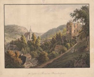 Tharandt, Blick von Westen auf die Burgruine, den Ort Tharandt und die Berg- und Stadtkirche