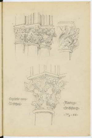 Elisabethkirche, Marburg: Perspektivische Ansichten Kapitelle im Westen (aus: Skizzen- und Fotoalbum 2)