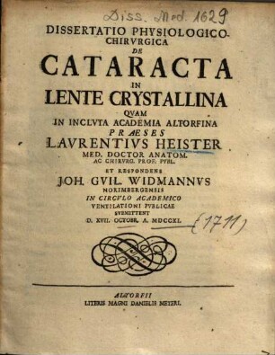 Dissertatio Physiologico-Chirvrgica De Cataracta In Lente Crystallina