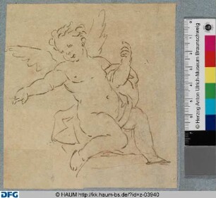 Kniender Putto mit der rechten Hand deutend