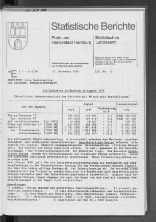 Die Industrie in Hamburg im August 1976 : Lfd. Nr. 10