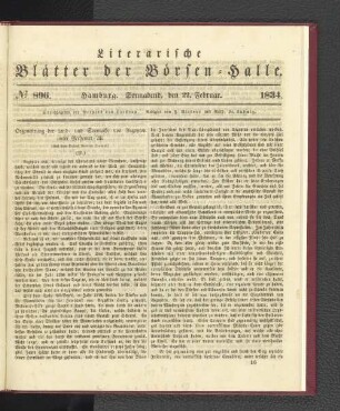 No 896. Hamburg. Sonnabend, den 22. Februar. 1834.: No. 896, Hamburg. Mittwoch, den 22. Februar. 1834.