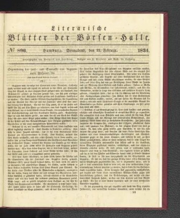 No 896. Hamburg. Sonnabend, den 22. Februar. 1834.: No. 896, Hamburg. Mittwoch, den 22. Februar. 1834.