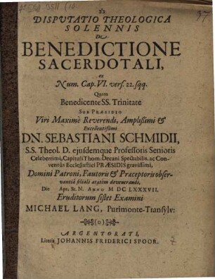 Disp. ... de benedictione sacerdotali ...