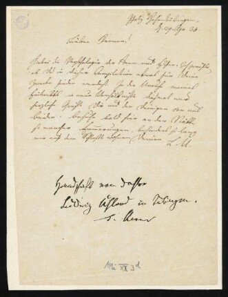 Brief von Ludwig Uhland an Justinus Kerner