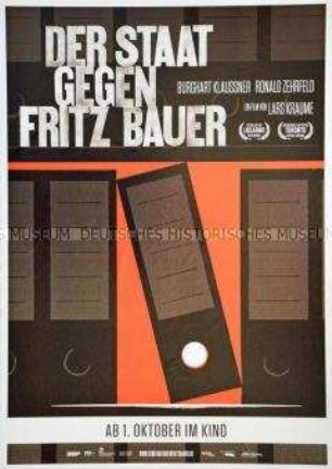 Plakat zu dem Film "Der Staat gegen Fritz Bauer" zur Vorgeschichte der Ergreifung von Adolf Eichmann und der Frankfurter Auschwitz-Prozesse