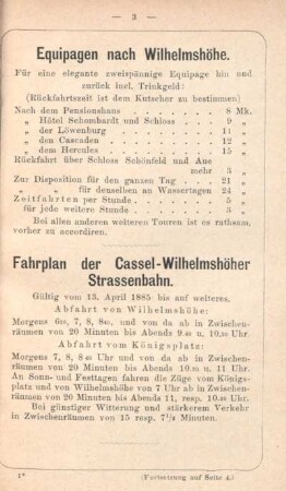 Fahrplan der Cassel-Wilhelmshöher Strassenbahn.
