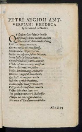 Petri Aegidii Antverpiani Hendecasyllabon ad Lectores.