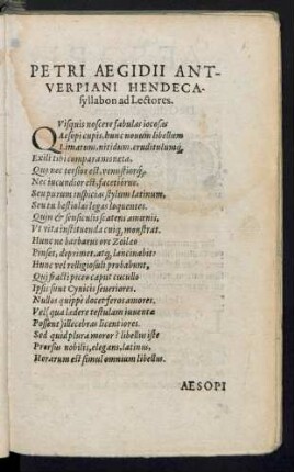 Petri Aegidii Antverpiani Hendecasyllabon ad Lectores.