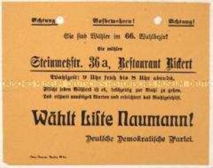 Aufruf der Deutschen Demokratischen Partei zur Wahl der Nationalversammlung 1919