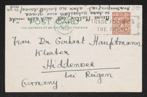 Brief von Herma Fiedler an Margarete Hauptmann