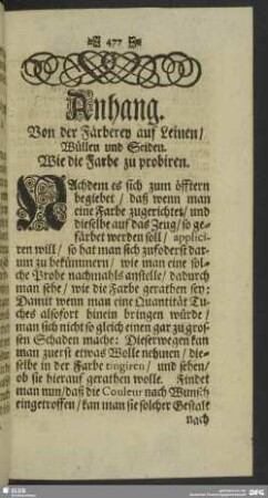 Anhang. Von der Färberey auf Leinen, Wüllen und Seiden