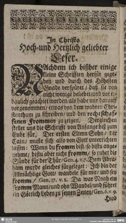 In Christo Hoch- und Hertzlich geliebter Leser