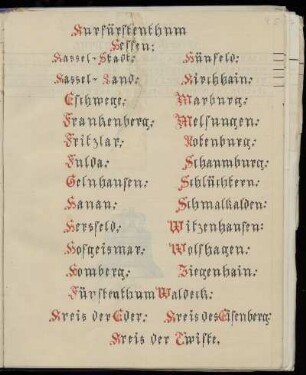 Kurfürstenthum Hessen, Fürstenthum Waldeck, Kreis der Eder, Kreis des Eisenberg, Kreis der Twiste