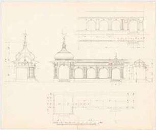 Halle mit Eckpavillons: Grundriss, Aufriss der Vorderansicht und der Seitenansich, Längsschnitt und Querschnitt
