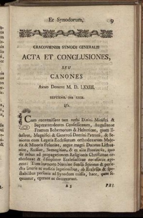 Cracoviensis Synodi Generalis Acta Et Conclusiones, Seu Canones Anno Domini M. D. LXXIII.