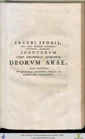 Jacobus Sponius: Ignotorum adque obscurorum quorundam Deorum Arae…