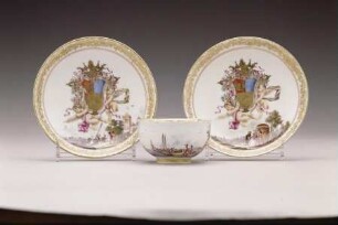 Koppchen und zwei Unterschalen mit Wappen Foscari sowie Kauffahrtei- und Landschaftsszenen