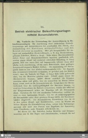 III. Betrieb elektrischer Beleuchtungsanlagen mittelst Accumulatoren