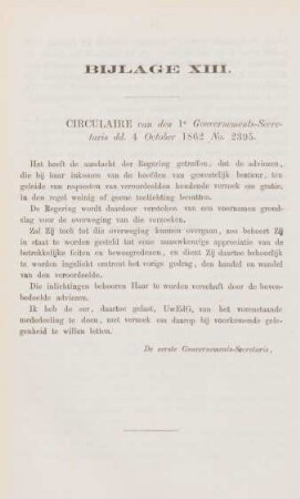 Bijlage XIII. Circulaire van den 1e Gouvernements-Secretaris dd. 4 October 1862 No. 2395