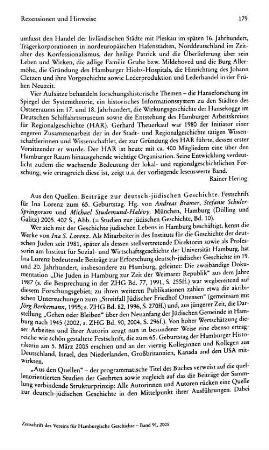 Aus den Quellen, Beiträge zur deutsch-jüdischen Geschichte, Festschrift für Ina Lorenz zum 65. Geburtstag, hrsg. von Andreas Brämer, Stefanie Schüler-Springorum und Michael Studemund-Halévy, (Studien zur jüdischen Geschichte, 10) : München u.a., Dölling und Galitz, 2005