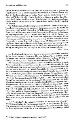 Aus den Quellen, Beiträge zur deutsch-jüdischen Geschichte, Festschrift für Ina Lorenz zum 65. Geburtstag, hrsg. von Andreas Brämer, Stefanie Schüler-Springorum und Michael Studemund-Halévy, (Studien zur jüdischen Geschichte, 10) : München u.a., Dölling und Galitz, 2005