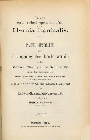 Ueber einen radival operierten Fall von Hernia inguinalis : Inaug. Diss.