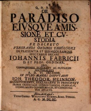 De Paradiso Eiusque Amissione Et Custodia