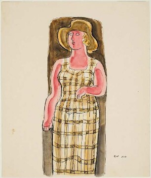 Frau in kariertem Kleid mit Hut