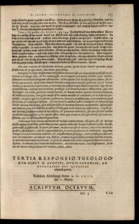 Tertia Responsio Theologorum Elect. D. Augusti, Ducis Saxoniae, Ad Hypotheses Seu Querelas adversae partis ... Scriptum Octavum.