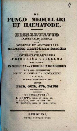 De Fungo Medullari Et Haematode : Dissertatio Inauguralis Medica