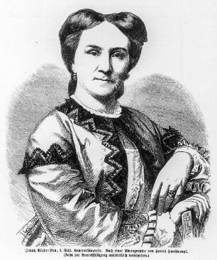 Porträt Jenny Bürde-Ney : Porträt Jenny Bürde-Ney. Reproduktionsholzstich von A. Neumann nach einer Fotografie von Hanns Hanfstaengl; 17 x 14,4 cm (Bildspiegel). Aus: Illustrirte Zeitung Nr. 1231 vom 02.02.1867, Band 48, S. 76. Leipzig. Dresden: SLUB Eph.lit.0027