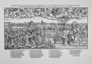 Ansicht der Stadt Wittenberg, im Vordergrund die Taufe Christi im Beisein Martin Luthers und der Familie des Herzogs Johann Friedrich von Sachsen