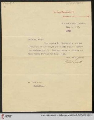 Briefe von Percival Lowell an Max Wolf: Brief von Percival Lowell an Max Wolf
