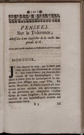 Pensees Sur la Tolerance, ...