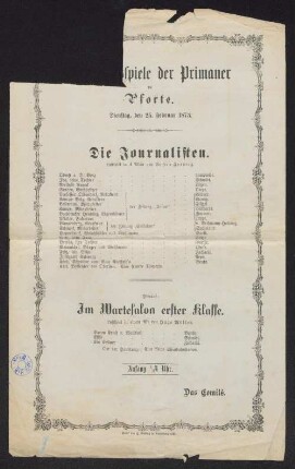 [Programm:] Fastnachtsspiele der Primaner zu Pforte am Dienstag, den 25. Februar 1873