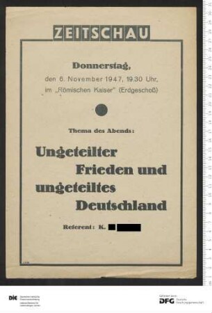 Ankündigung einer einzelnen Veranstaltung 1947
