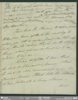 Eigenh. Brief von Alexander Johnston an August Wilhelm von Schlegel, London, 16.02.1824