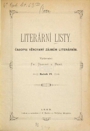 Literární listy : časopis věnovaný moderní kritice literární. 4. 1883