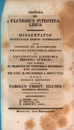 Nonnulla de ulceribus intestinalibus : dissertatio inauguralis medico-pathologica