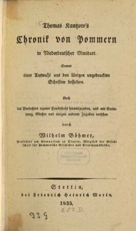 Thomas Kanzows Chronik von Pommern in niederdeutscher Mundart