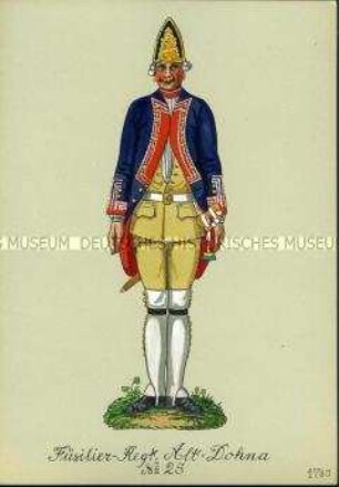 Uniformdarstellung, Gemeiner des Infanterie-Regiments (von Dohna) No. 28, Preußen, 1740.