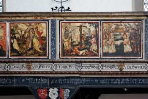 Bemalung der Nordempore mit Szenen des Alten Testaments — Tanz um das Goldene Kalb, Aufrichtung der Ehernen Schlange und Durchzug der Israeliten durch den Jordan