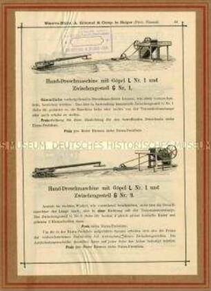 Hand-Dreschmaschine mit Göpel L Nr. 1 und Zwischengestell G Nr. 1 bzw. G Nr. 9